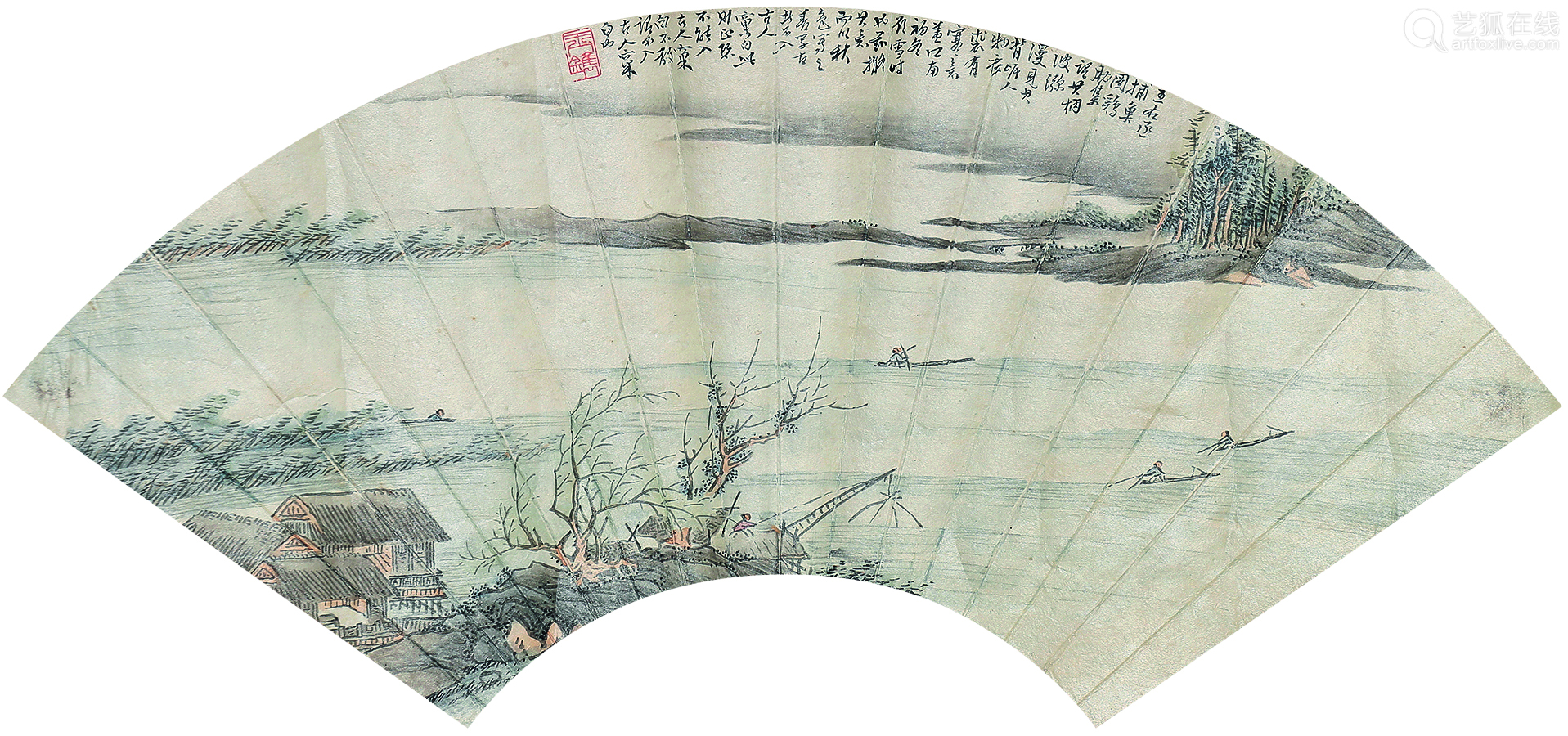 周图瑞近代秋江捕鱼图扇面镜心设色纸本 Deal Price Picture 周图瑞近代秋江捕鱼图扇面镜心设色纸本 Deal Price Picture