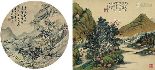 张熊 大野竹皋（1803～1886） 1881年作*1903年作 山水双挖 双挖立轴 设色绢本