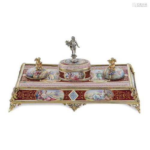 Silver and polychrome enamel inkwell Vienna, late 19th