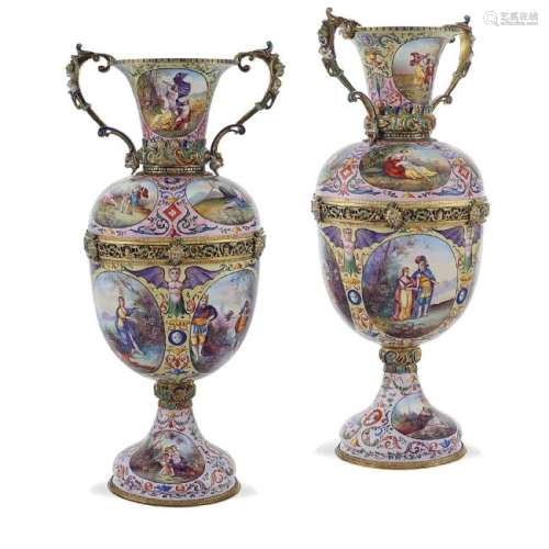 Pair of vermeil silver and polychrome enamel vases