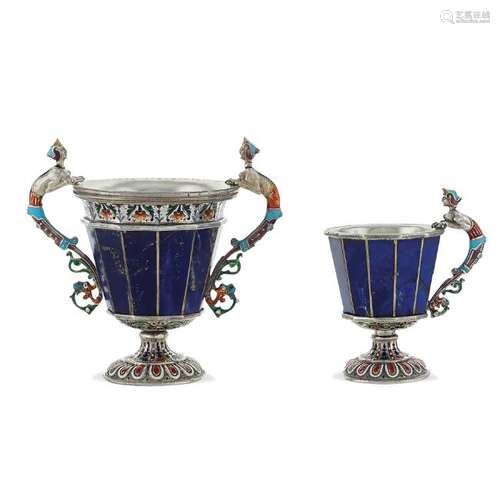 Pair of silver, lapis lazuli and enamel cups Vienna,