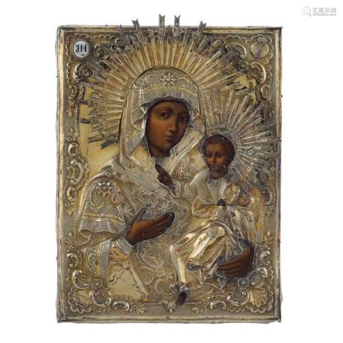 Icon depicting the Virgin of Tichvin with silver riza