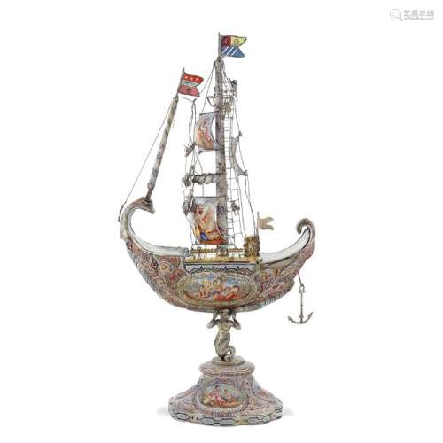 Silver and polychrome enamel sailboat model Vienna,