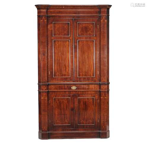 A George III mahogany and inlaid standing corner cupboard