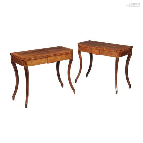 A pair of George III rosewood and satinwood crossbanded folding card tables