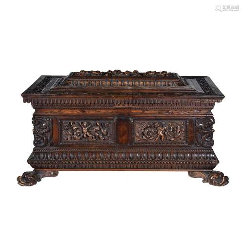 A Sienese carved walnut casket in Renaissance revival taste