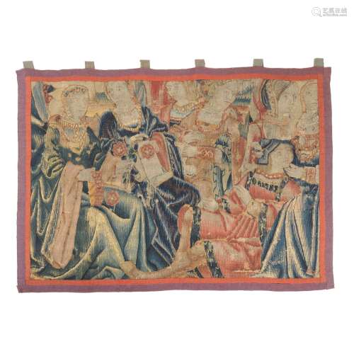 16th century tapestry, reclining youth amongst noblewomen