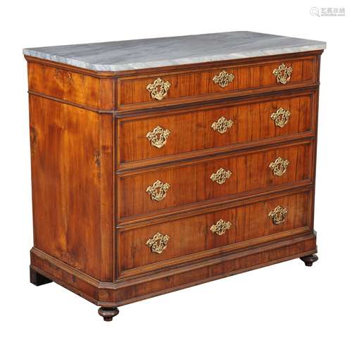 A Continental walnut and marble topped chest of drawers