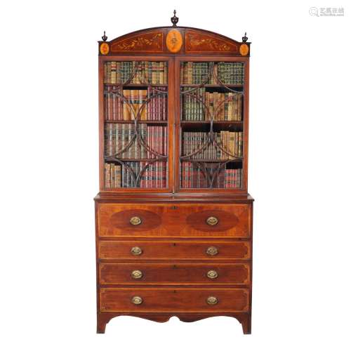 A George III mahogany and marquetry decorated secretaire bookcase