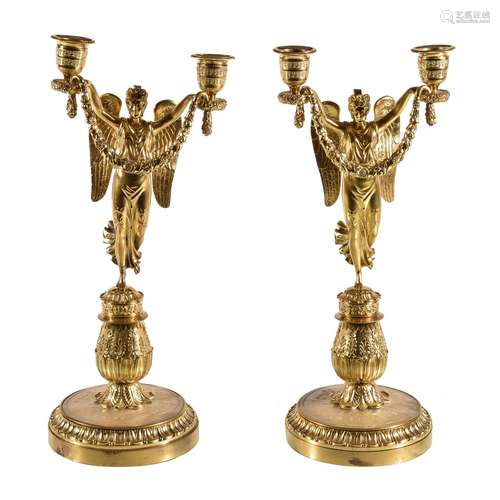 A pair of Palais-Royal ormolu and mother-of-pearl mounted twin light figural candelabra