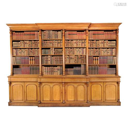 A large Victorian oak breakfront library bookcase