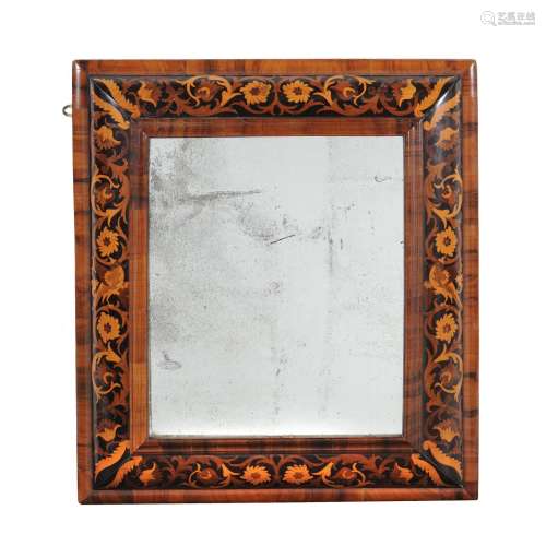 A William and Mary walnut and marquetry cushion framed wall mirror