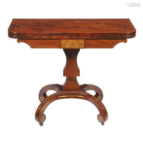 A Regency mahogany and brass marquetry folding card table