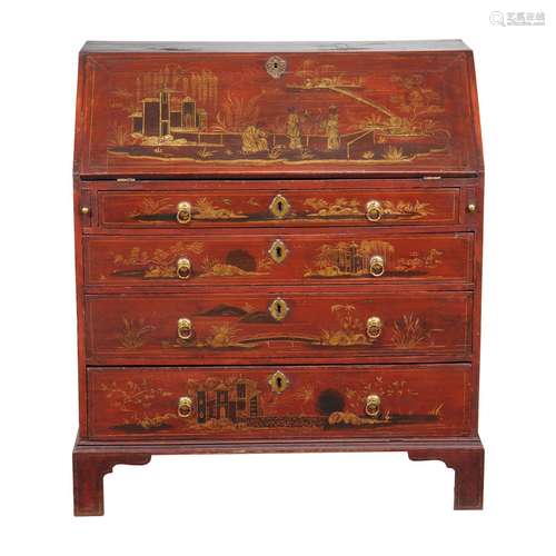 A George II red lacquer and gilt Chinoiserie decorated bureau