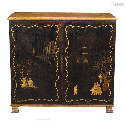 A Regency black lacquer and gilt Chinoiserie decorated clothes press