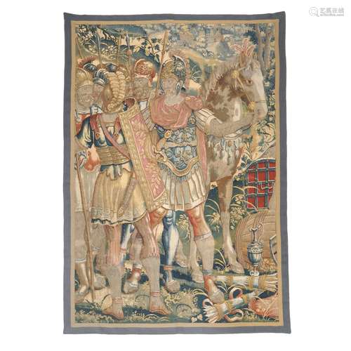 A Franco-Flemish tapestry depicting soldiery and a horse