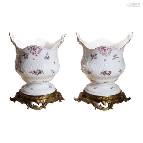 A pair of Meissen gilt-metal mounted two-handled bottle coolers