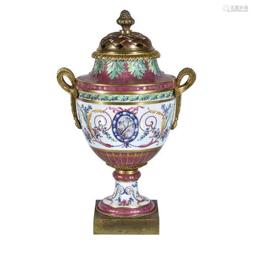 A Continental porcelain Sevres-style gilt-metal-mounted pot-pouri urn and gilt-metal pierced cover