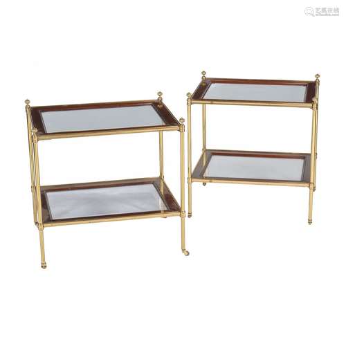 A pair of brass and mahogany two tier étagères,