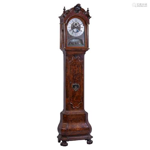 A Dutch walnut and inlaid longcase clock