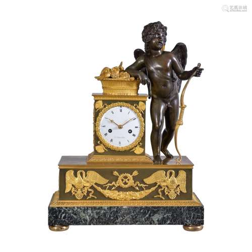 A French Empire ormolu and patinated bronze figural mantel clock