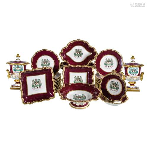 A Worcester (Flight, Barr & Barr) claret-ground armorial part dessert service