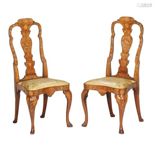 A pair of Dutch walnut and marquetry inlaid side chairs