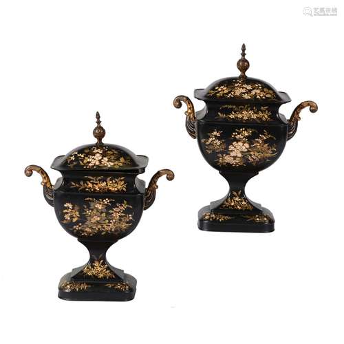 A pair of Regency painted and parcel gilt toleware pedestal urns and covers