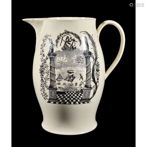 A large English creamware Liverpool-printed Masonic jug