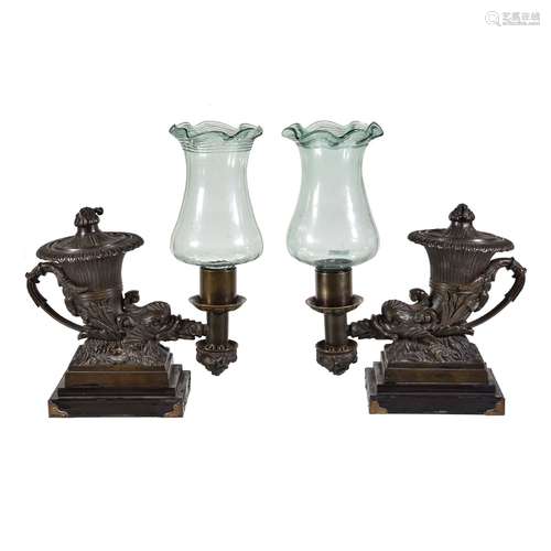 A pair of George IV patinated bronze colza oil table lamps in the form of antique rhytons