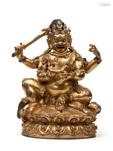 西藏 15世紀 銅鎏金大黑天像