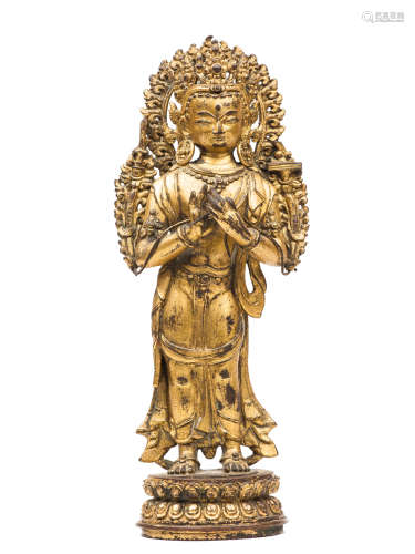尼泊爾 15-16世紀 銅鎏金文殊菩薩立像