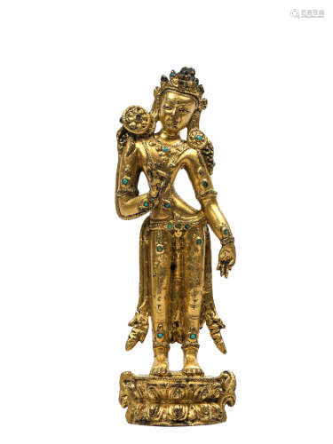 西藏 14世紀 銅鎏金蓮花手菩薩立像