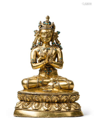 西藏 15世紀 銅鎏金錯銀金剛總持坐像