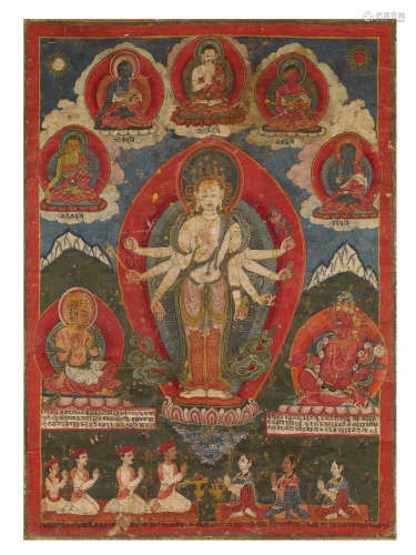 西藏 15世紀 紐瓦爾風格八臂觀音唐卡