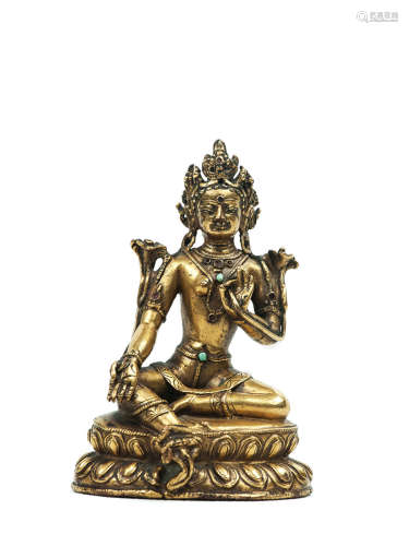 西藏 15世紀 銅鎏金綠度母像