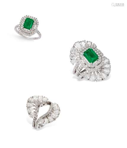 HERA GAO设计，1.38克拉哥伦比亚木佐祖母绿戒指及钻石扇戒 （一组）
