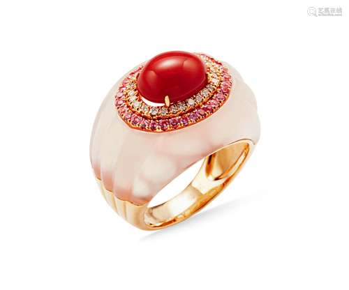 天然红珊瑚配水晶及钻石戒指