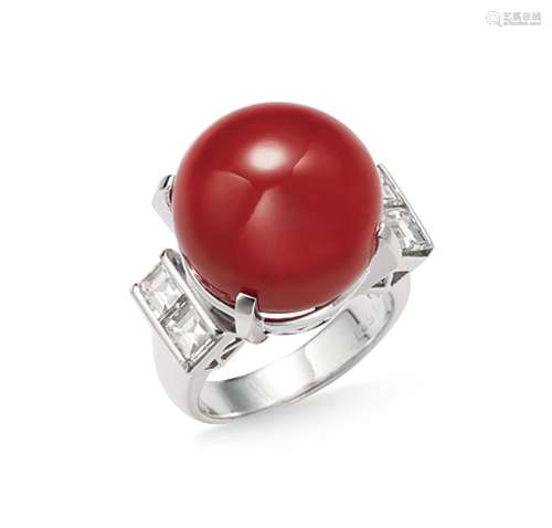 天然红珊瑚球配钻石戒指