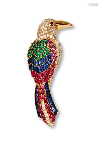彩色宝石鹦鹉胸针，1970年代