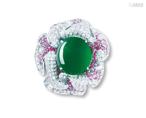 缅甸天然满绿翡翠配钻石蛋面花形戒指