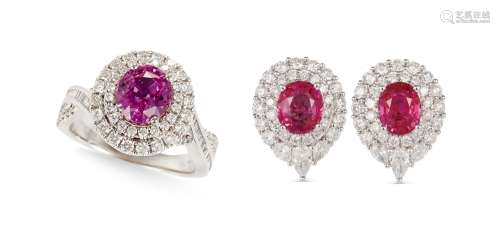 1.85克拉天然斯里兰卡vivid pink粉色蓝宝石配钻石戒指；共重1.5克拉天然红宝石耳钉