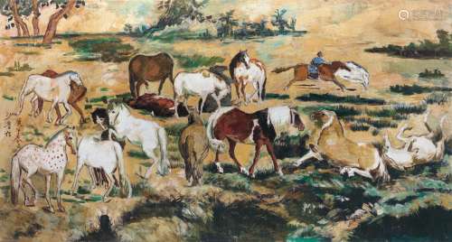 沙耆（1914～2005） 1990年作 春郊十七骏马图 布面油画