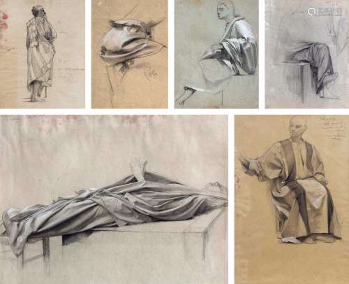 吕霞光（1906～1994） 1930年代 素描衣纹研究 （六件一组） 纸本素描