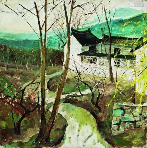 苏天赐（1922～2006） 1983年作 山溪淌过村头 木板油画