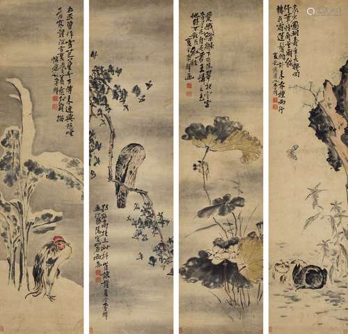 李鱓（1686～1762） 花鸟 四屏立轴 纸本