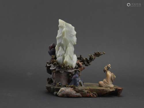 A soapstone and jade 'mifu worshiping rock' carving