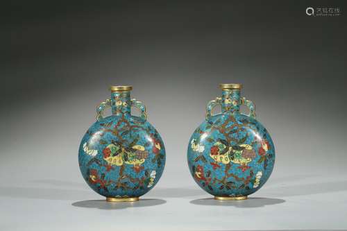 Pair of small gilt-bronze cloisonne enamel moonflasks