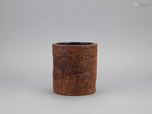 An agarwood carved 'riverscape' brushpot