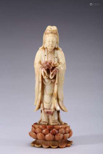 A soapstone carving of standing guanyin with inscription